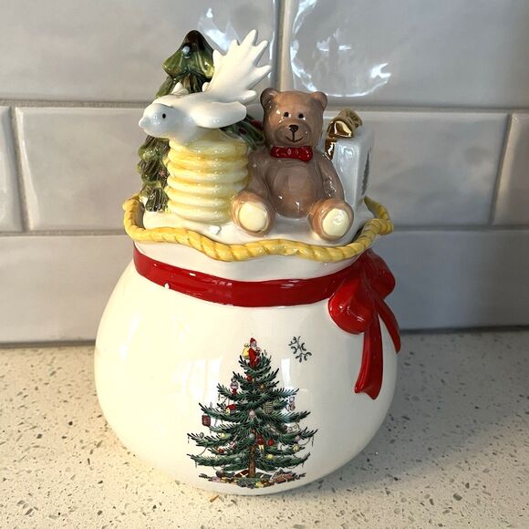 Spode Christmas Tree Round Covered Candy Box Teddy Bear Dove of Peace Tree 8” - Picture 3 of 13